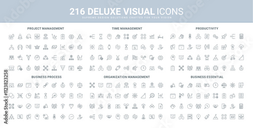 Productivity of business process, project and time management, startup organization line icon set. HR search and care for employees, communication thin black outline symbols vector illustration