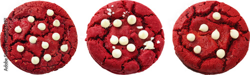 Three red velvet cookies topped with white chocolate chips, showcasing a rich color and a textured surface. photo