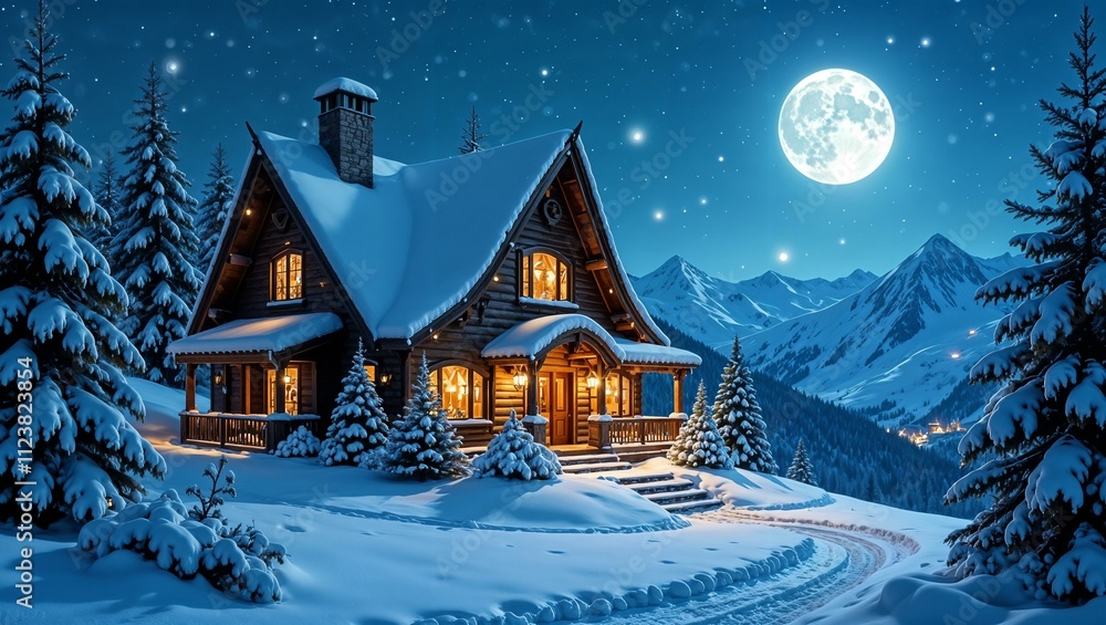 Fototapeta premium A small wooden house stands on top of a snow-covered cliff high in the mountains. Glowing light coming from the windows. Full moon in the starry sky. Winter mountain landscape