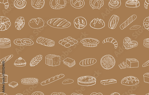 Seamless pattern of bakery products. Roll, bagel, croissant, bread, bun, loaf, white bread, baguette, bun, pretzel, swiss roll, challah, rye and wheat bread. Great for banners, menu design. Doodles