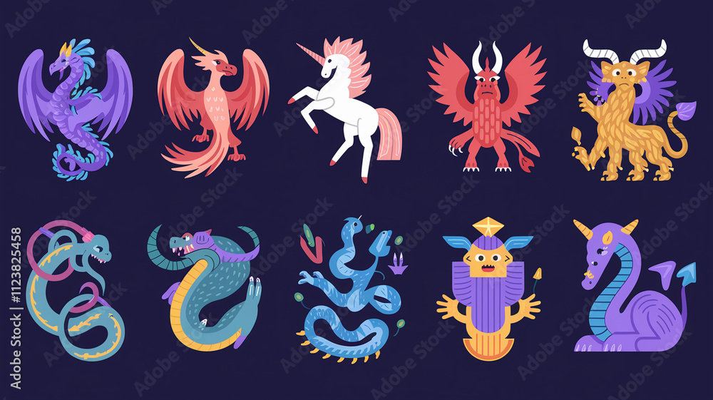 Obraz premium Mythical Creatures Collection Dragons, Unicorns, and More