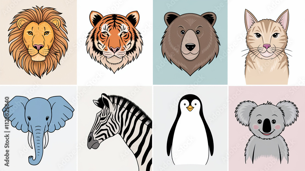 Obraz premium Animal Heads Illustration Set Lion, Tiger, Bear, Cat, Elephant, Zebra, Penguin, Koala
