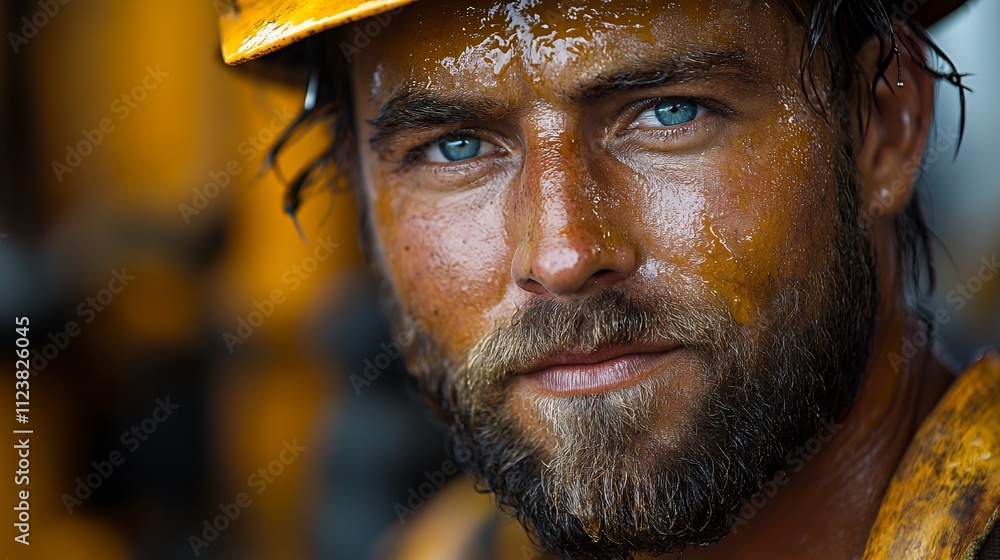 Close-up portrait of a sweaty, determined construction worker with intense blue eyes, wearing a hard hat. Close-up portrait of a sweaty, determined construction worker with intense blue eyes, wearing a hard hat.