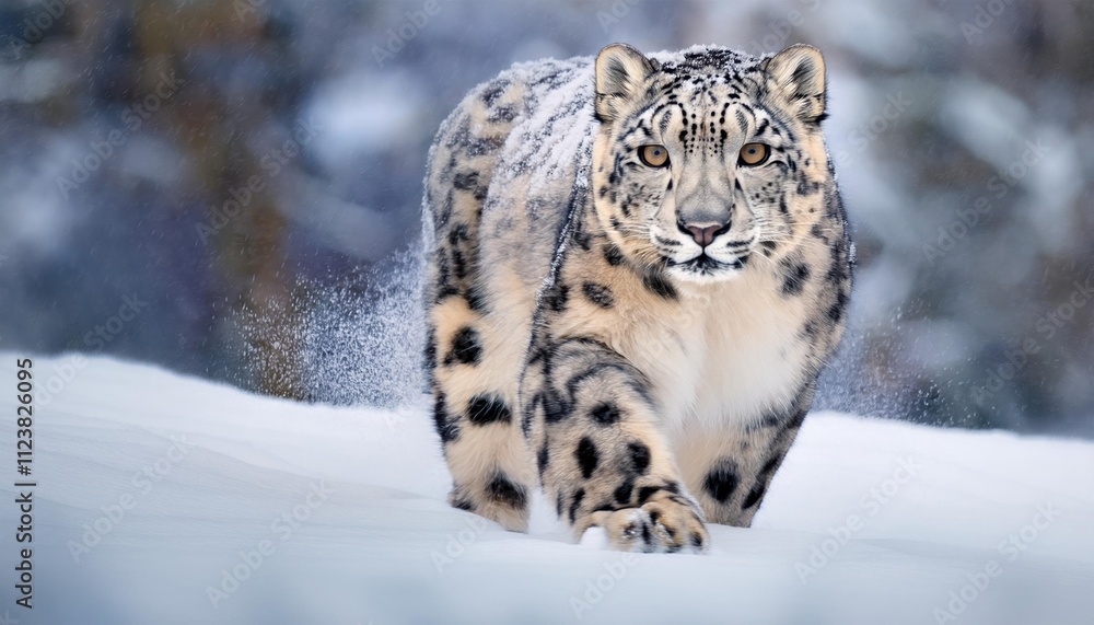 Obraz premium A snow leopard walking through a snowy landscape, focused and majestic against a blurred natural background