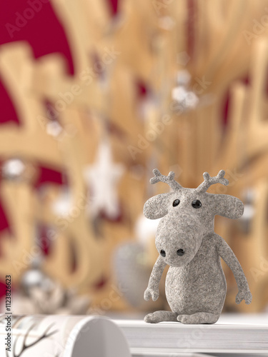 cute toy reindeer sitting on christmas presents in front of festive decorated burgundy wall 3D rendering