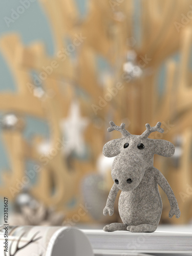 cute toy reindeer sitting on christmas presents in front of festive decorated wall 3D rendering