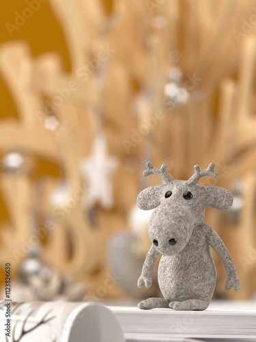 cute toy reindeer sitting on christmas presents in front of festive decorated orange wall 3D rendering