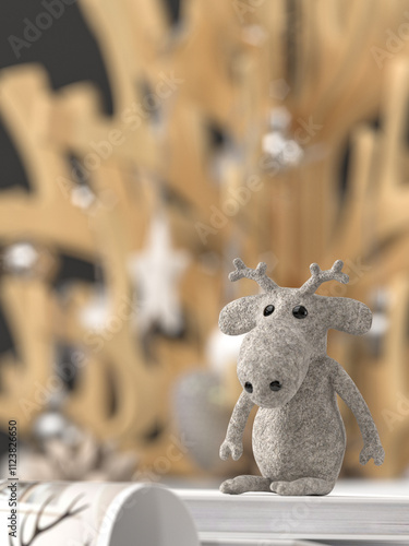 cute toy reindeer sitting on christmas presents in front of festive decorated dark grey wall 3D rendering
