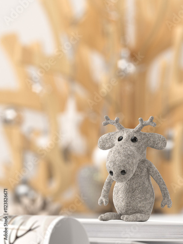 cute toy reindeer sitting on christmas presents in front of festive decorated white wall 3D rendering