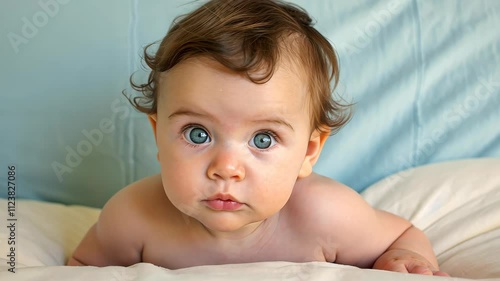 Adorable monthold baby in bed with a milk bottle. photo