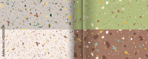 Set Mocha Mousse color 2025 2026 seamless terrazzo patterns. Pattern for ceramics marble natural stone. Vector stock illustration textured shapes in vibrant colors