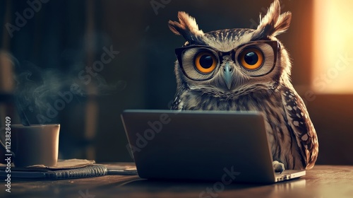 Business owl with glasses working at laptop composition background photo