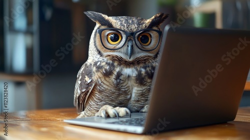 Business owl with glasses working at laptop composition background photo