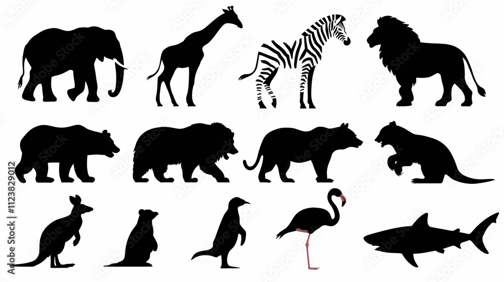 Obraz premium Silhouettes of Diverse Animals Elephant, Giraffe, Zebra