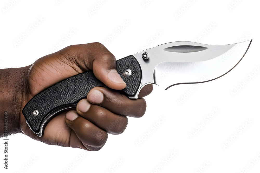 Obraz premium Hand firmly holding a stainless steel knife, professional grip