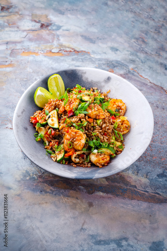 Stir-Fried spicy red parboiled rice with king prawns, seafood and vegetable in an Asia style bowl photo