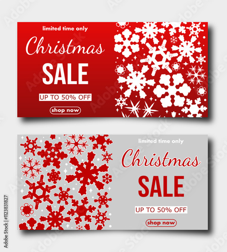 christmas sale, set of templates discount banner design with snowflakes and text. elegant vector illustration to promote purchases in the winter season in red, grey and white for flyer, poster, header