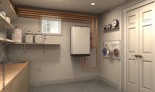 modern tankless water heater installed in a basement, the unit is connected to copper pipes and is mounted on a wall in a clean, organized utility room.