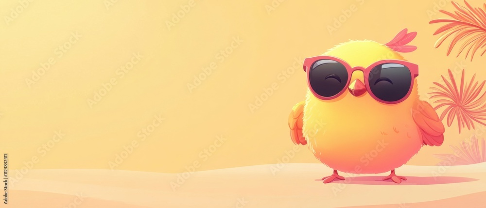 Fototapeta premium Adorable Chick Wearing Sunglasses on Sunny Beach Background