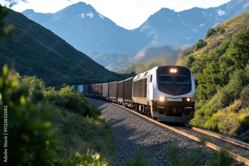 Obraz premium A picturesque train travels along a winding track, set against stunning mountain landscapes that evoke a sense of adventure and exploration in nature.