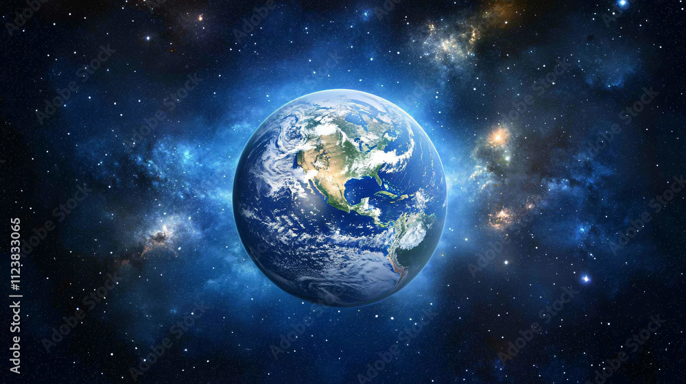 Fototapeta premium Earth floating in the vastness of space with a faint glow and stars dotting the dark sky.