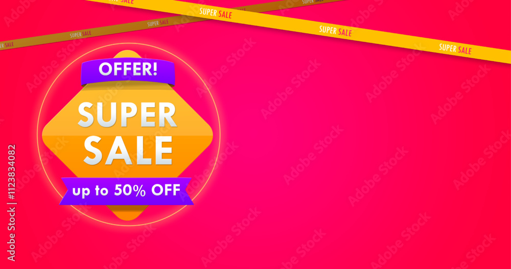 Obraz premium Super sale design template - Offer! UP to 50% OFF - Background pink and yellow stripes - Super Sale banner design template. Super Sale inscription. Vector illustration