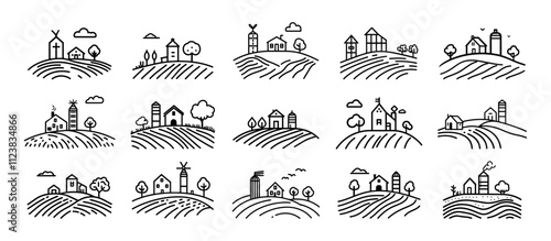 Farm icon line set. Agriculture architecture house collection building. Rural farmhouse and community lifestyle. Countryside sign vector illustration
