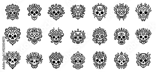 Skull icon line set. Tattoo cartoon scary face collection and black head horror. Evil vintage style decoration drawing dead skeletion vector illustration