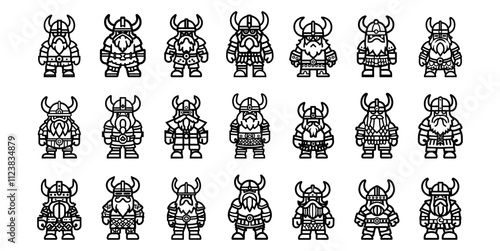 Viking icon line set. Berserket character game collection. Cartoon barbarian warrior or dwarf mascot with helmet and horn vector illustration