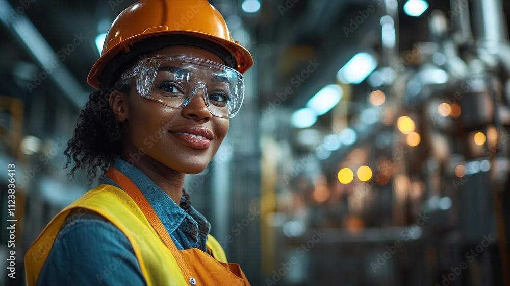 Smiling female industrial worker in safety gear. Smiling female industrial worker in safety gear.