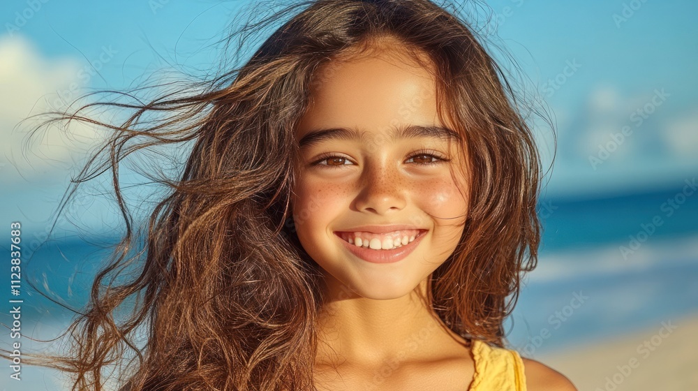 Carefree Tropical Beach Day: Young Woman Relaxing on Golden Sand with Flowing Hair and Peaceful Smile Soaking Up Sun Carefree Tropical Beach Day: Young Woman Relaxing on Golden Sand with Flowing Hair and Peaceful Smile Soaking Up Sun