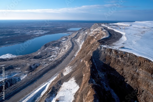 This breathtaking aerial image showcases a snow-covered open-pit mine beside a serene lake, highlighting the contrast between nature and industrial activity in the landscape. photo