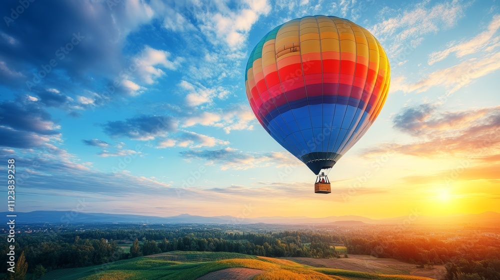 Obraz premium A colorful hot air balloon soars through a breathtaking sunrise over a valley.