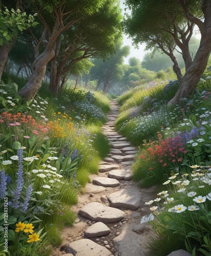 overgrown forest area with wildflowers blooming among the trees and a narrow stone pathway through , greenery, stone pathway, wilderness