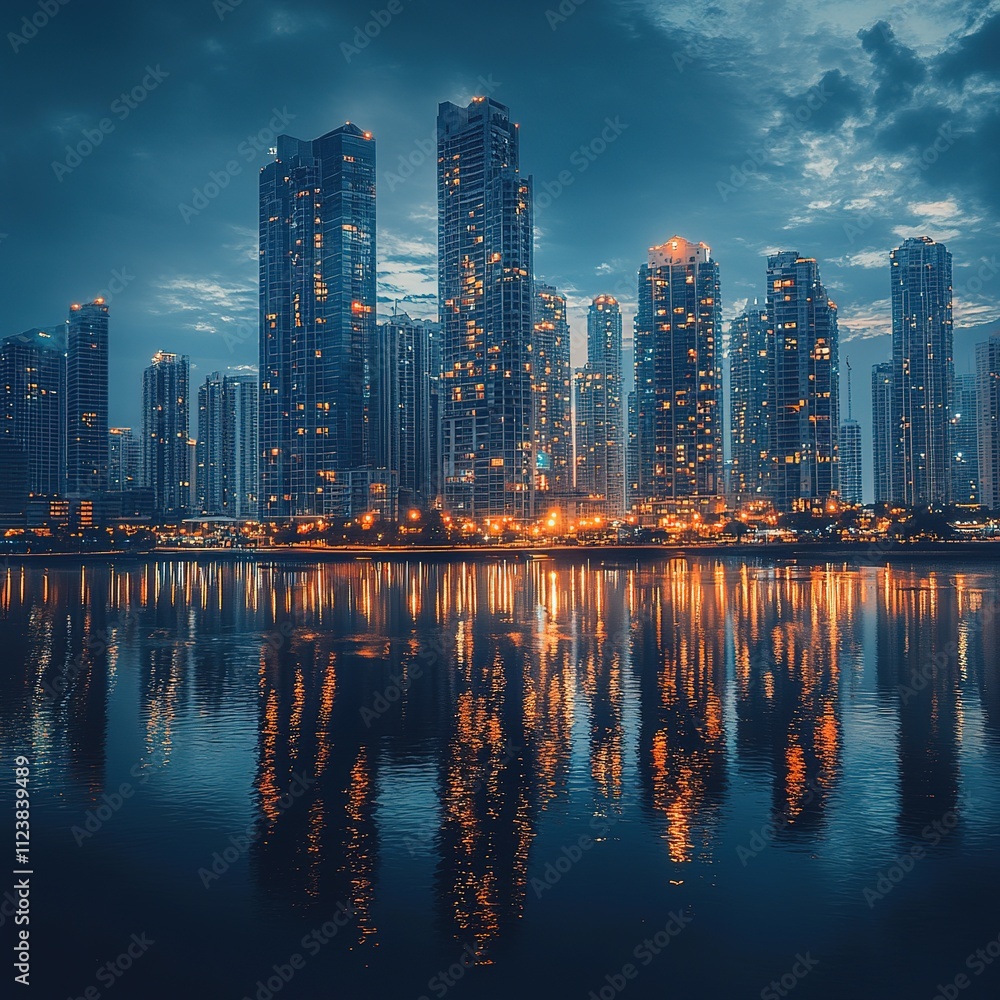 Obraz premium Stunning night skyline of skyscrapers reflected in water dubai urban photography cityscape aerial view modern architecture