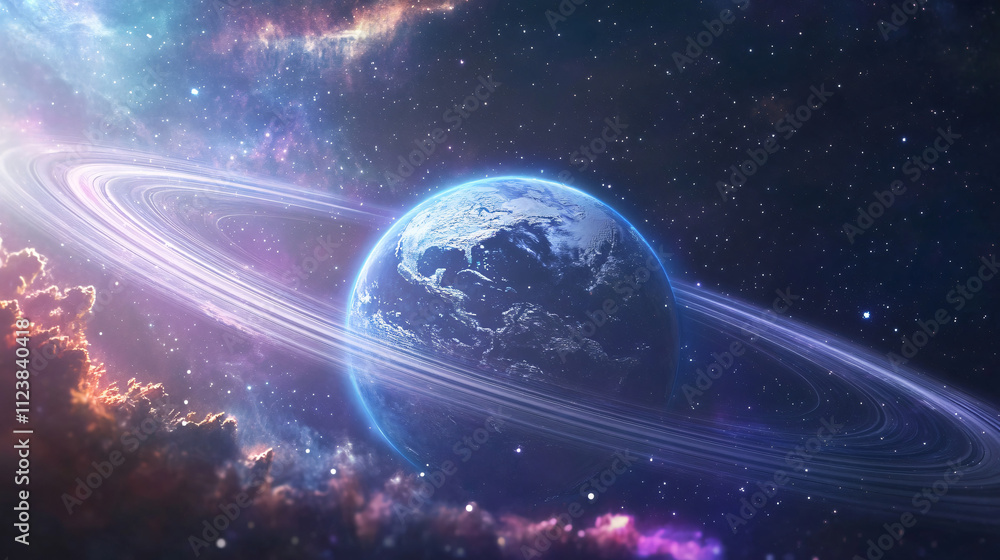 Fototapeta premium Earth viewed through the rings of a distant exoplanet, surrounded by colorful gas clouds.