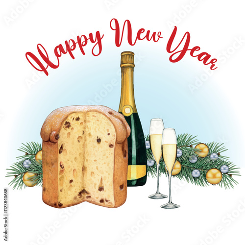 Watercolor hand drawn panettone and wine