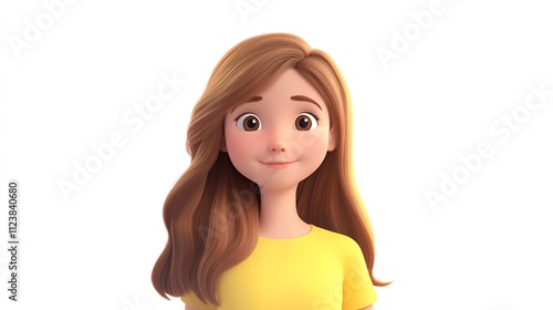 Girl with Long Hair Working in 3D Cartoon Style – Isolated on White Background