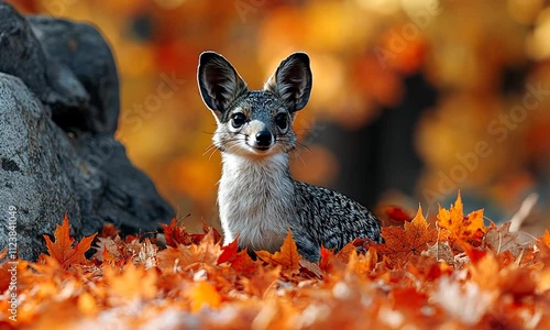 A young deer resting amidst vibrant autumn leaves in a serene natural setting. photo