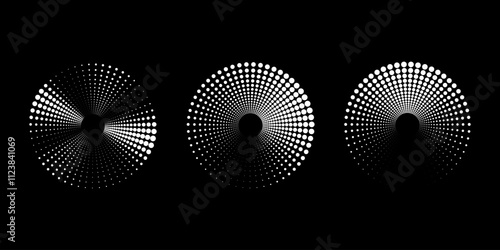 Set of abstract white haftone dotted stripes. Geometric art. Circle form. Trendy design element for logo, tattoo, sign, symbol, web, prints, posters, social media, template, pattern, abstract backdrop