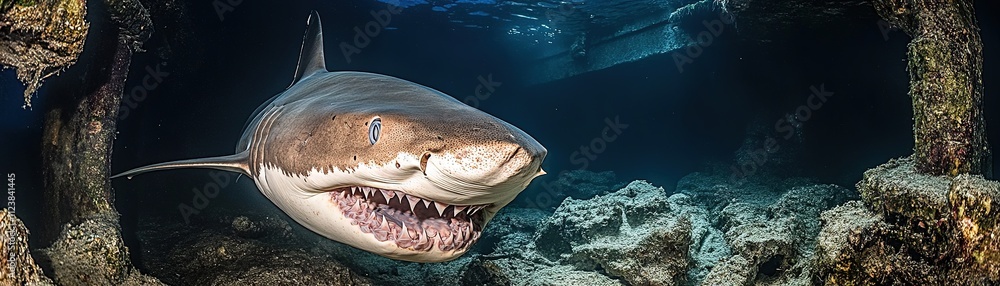 Obraz premium Shark encounter underwater coral reef photography marine environment close-up view ocean life exploration