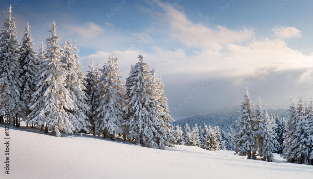 Obraz premium Snow-covered pine trees on a serene snowy hill under a soft winter sky