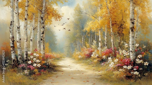 A picturesque path winds through a golden autumn forest, lined with birch trees and wildflowers.