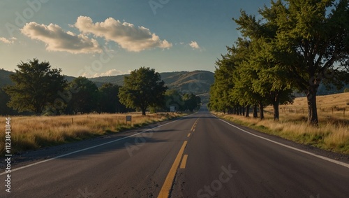 Landscape of a long road leading to a distance. Path to success or personal growth concept. Copy space for text.