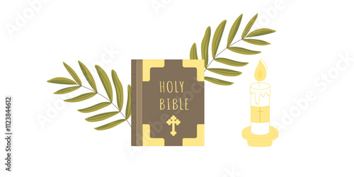 Holy Bible with Palm Leaves and Burning Church Candle Vector Illustration