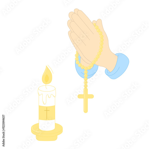 Hands in Prayer with Rosary and Cross Burning Candle Vector Illustration