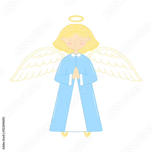 Angel girl with hands folded in prayer. Children's Christian illustration