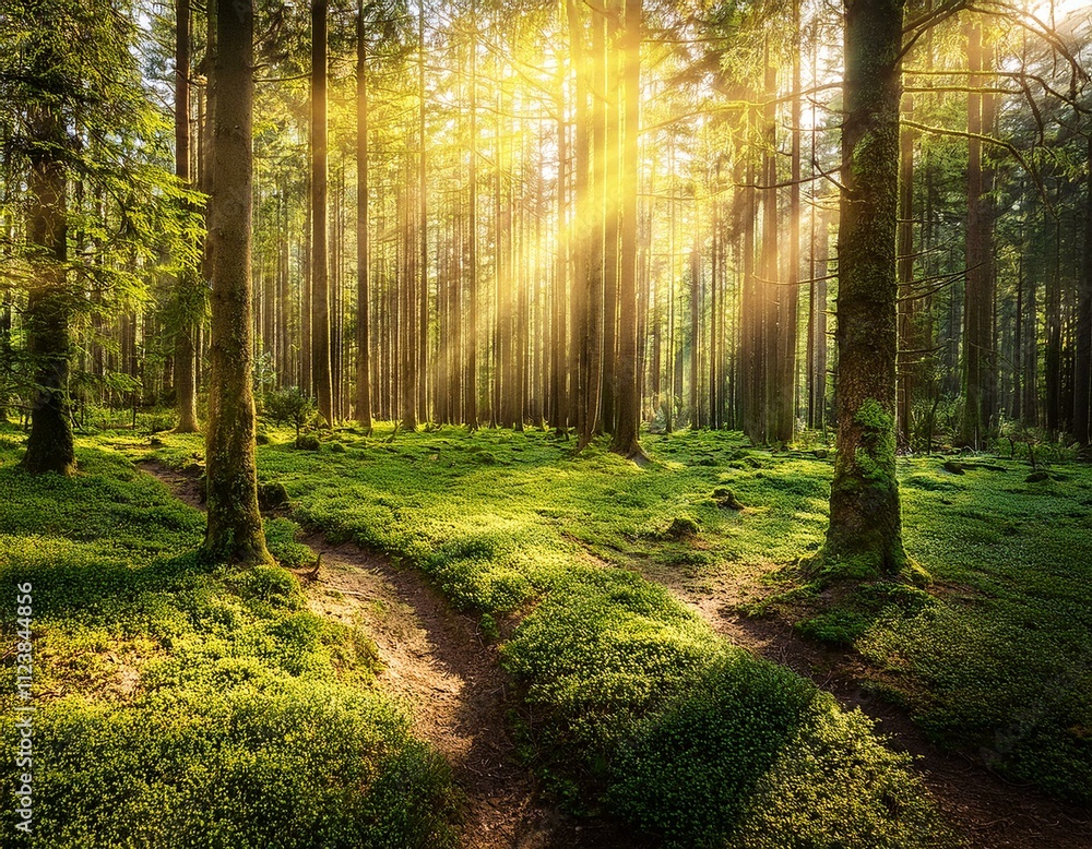 Fototapeta premium Silent Forest in spring with beautiful bright sun rays