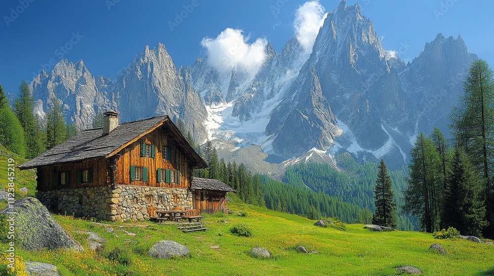 Fototapeta premium A serene mountain landscape featuring a rustic cabin surrounded by lush greenery and towering peaks.