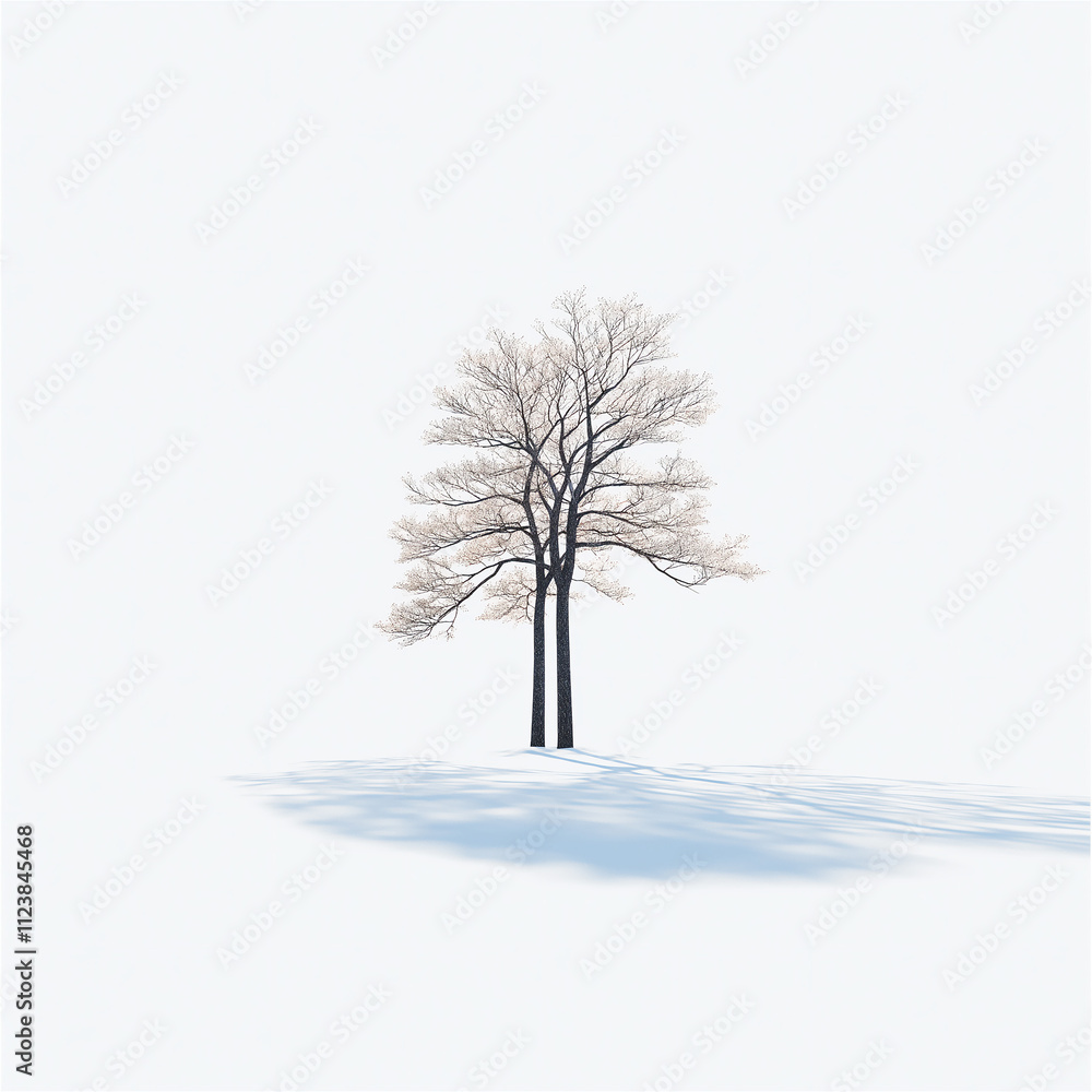 Fototapeta premium Minimalist snow-covered landscape featuring a single bare tree standing in pristine white snow under soft sunlight, symbolizing solitude and serenity.